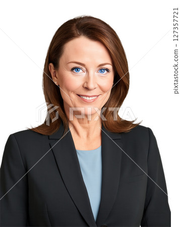 Middle-aged woman with straight brown hair and soft blue eyes, a calm, confident smile. She wears a formal blazer and 127357721