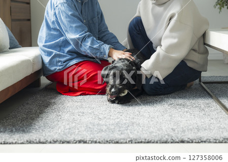一對夫婦和他們的狗一起放鬆 一對夫婦和他們的狗一起放鬆 127358006