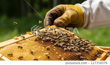Beekeeper Inspecting Honeycomb Frame with Busy Honey Bees in Apiary 127358376
