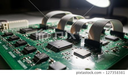 Detailed Green Circuit Board with Integrated Chips and Ribbon Cables in Macro View 127358381