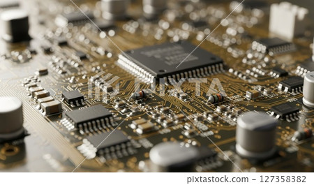 Detailed Printed Circuit Board Macro Technology Closeup with Chips and Electronic Components Detailed Printed Circuit Board Macro Technology Closeup with Chips and Electronic Components 127358382