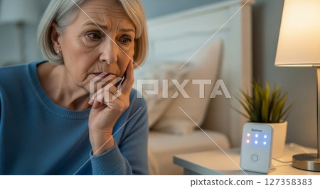 Elderly European Woman Looking Concerned at Digital Reminder Device in Home Setting 127358383