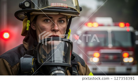 Focused Female Firefighter in Protective Gear with Fire Truck in Background 127358391