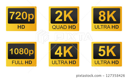 Video resolutions full ultra quad HD, video quality badge icon. Video resolution set. 127358426