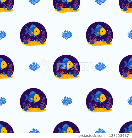 Underwater Seamless Pattern. Cute Sea Fish, Plant algae and coral on seabed on white Background. Vector Illustration 127358487