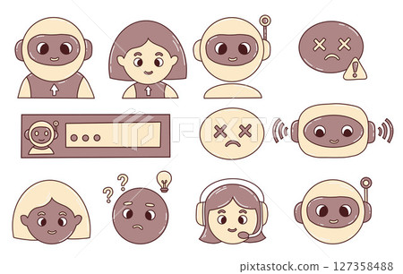 Chatbot, faces, virtual assistant and Human Emotion Icons for AI Interface. Vector icon set showing expressions, tech support, password security. Isolated hand drawing symbols for AI and UX design Chatbot, faces, virtual assistant and Human Emotion Icons for AI Interface. Vector icon set showing expressions, tech support, password security. Isolated hand drawing symbols for AI and UX design 127358488