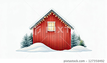 A cozy red Scandinavian wooden cabin with vertical planks and a small window, decorated with glowing fairy lights along the roof A cozy red Scandinavian wooden cabin with vertical planks and a small window, decorated with glowing fairy lights along the roof 127358492