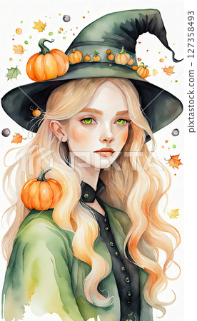 A cute watercolor portrait of witch with long blonde hair, green eyes and black oversized hat decorated with small pumpkins on it. A cute watercolor portrait of witch with long blonde hair, green eyes and black oversized hat decorated with small pumpkins on it. 127358493