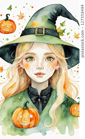 A cute watercolor portrait of witch with long blonde hair, green eyes and black oversized hat decorated with small pumpkins on it. 127358494