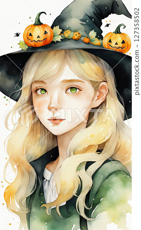 A cute watercolor portrait of witch with long blonde hair, green eyes and black oversized hat decorated with small pumpkins on it. 127358502
