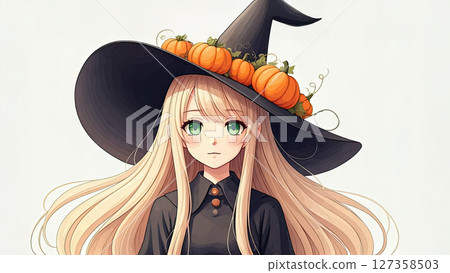 A cute watercolor portrait of witch with long blonde hair, green eyes and black oversized hat decorated with small pumpkins on it. A cute watercolor portrait of witch with long blonde hair, green eyes and black oversized hat decorated with small pumpkins on it. 127358503