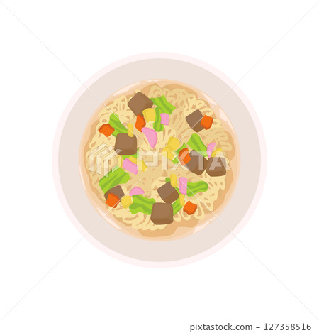 Illustration of Nagasaki Champon instant noodles pouring hot water into them Illustration of Nagasaki Champon instant noodles pouring hot water into them 127358516