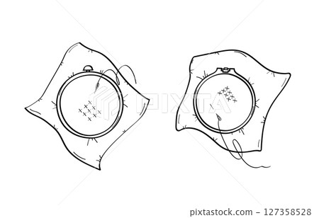 Cross-stitch embroidery hoop and canvas. Vector doodle illustration. Print for design. Isolate on a white background. 127358528