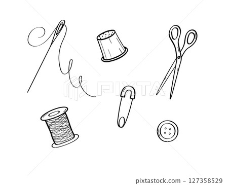 A set of items for sewing and needlework. Doodle icons scissors, needle holder, spool of thread, pin. Vector illustration on a white background. 127358529