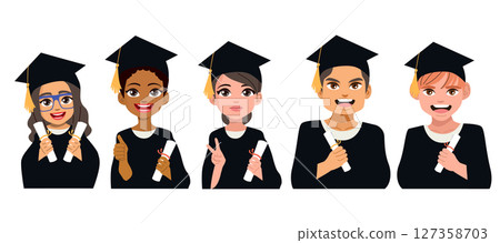 Cartoon Of Happy Graduates Celebrating With Diplomas Vector Illustration 127358703