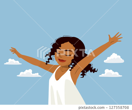 Peaceful cartoon woman in white dress under blue sky Vector Illustration Peaceful cartoon woman in white dress under blue sky Vector Illustration 127358708