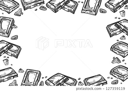 Rectangular vector frame of chocolate bars, chocolate slices, chocolate crumbs. All objects are hand-drawn with ink. Suitable for menu design in confectionery shops, bakeries, chocolate packaging. 127359119