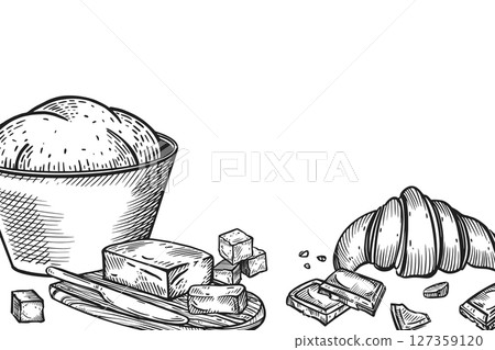 Cooking, the process of cooking, baking, bowl of dough, butter, sugar, croissant, chocolate. All objects are hand-drawn with ink. The illustration is suitable for printing in stores, food packaging. 127359120