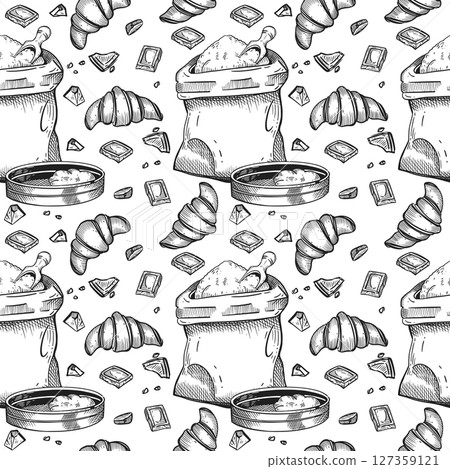 Seamless vector pattern on the theme of cooking, baking. A bag of flour, a sieve, croissants, pieces of chocolate. All objects are hand-drawn with ink. For printing on paper, bakery design. 127359121