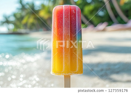 Popsicle with rainbow colors on a long stick on a summer background. Summer fun. Retro style. Popsicle with rainbow colors on a long stick on a summer background. Summer fun. Retro style. 127359176