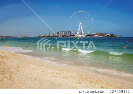 idyllic beach of Jumeirah with white sand and fine service and walm water of Persian gulf idyllic beach of Jumeirah with white sand and fine service and walm water of Persian gulf 127359322