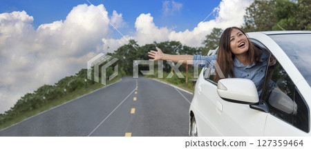 Happy asian women drive new car. Women Hand give remote control car key to man rental car service. Close up hands young woman showing new car key. Women driver giving car rental service smiling face Happy asian women drive new car. Women Hand give remote control car key to man rental car service. Close up hands young woman showing new car key. Women driver giving car rental service smiling face 127359464