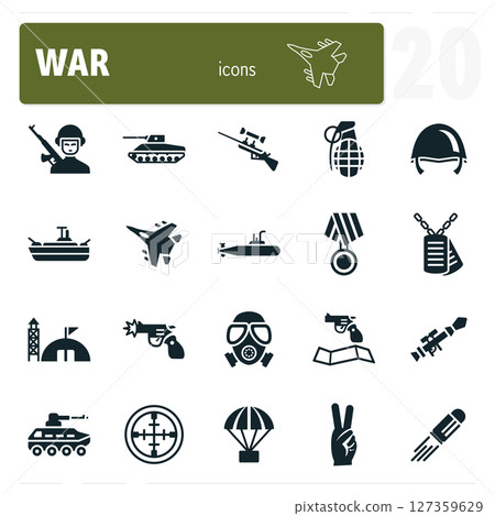 Military operation icons set featuring weapons and soldiers fighting 127359629