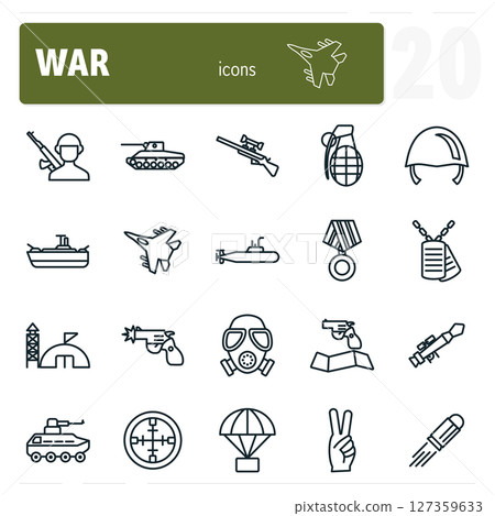 Set of 20 military and war icons featuring weapons, vehicles, and equipment 127359633