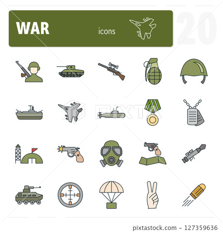 Set of twenty military and war filled line style icons describing army power 127359636