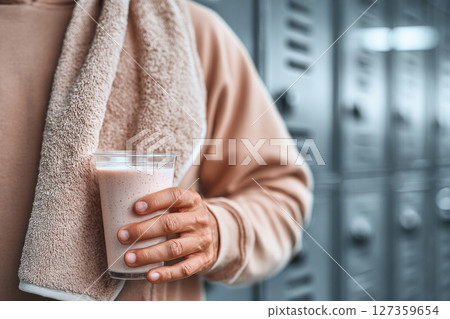 Man holding pink smoothie with towel after gym workout Man holding pink smoothie with towel after gym workout 127359654