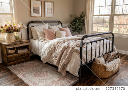 Farmhouse bedroom with iron bedframe, neutral bedding and wooden furniture Farmhouse bedroom with iron bedframe, neutral bedding and wooden furniture 127359670