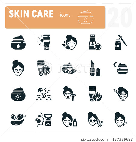 Twenty skin care icons showing woman applying cream, serum or lotion 127359688