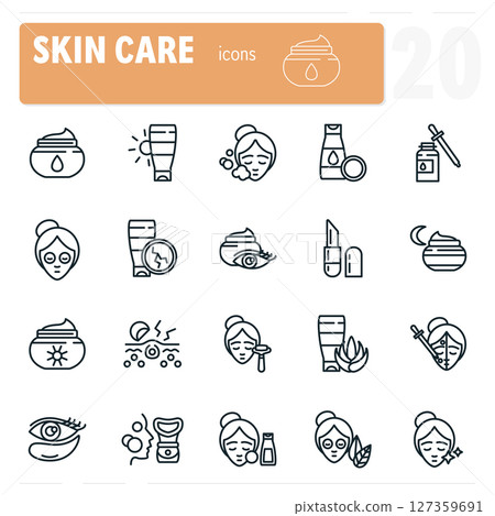 Twenty skin care icons representing skin care routine and skin treatments 127359691