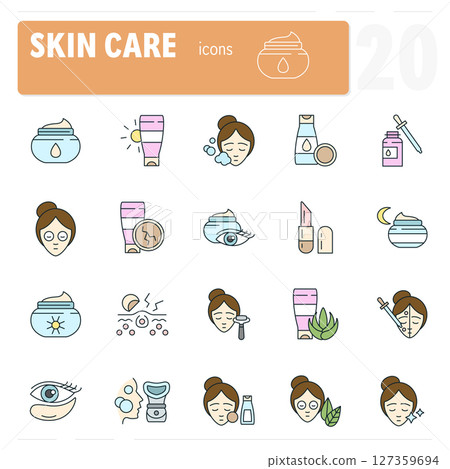 Woman taking care of her skin with beauty products icons set 127359694