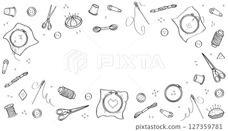 Set of elements for cross-stitch. Doodle icons of sewing tools for needlework. Design background. Set of elements for cross-stitch. Doodle icons of sewing tools for needlework. Design background. 127359781