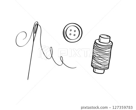 A set of items for sewing and needlework. Doodle icons are a button, a spool of thread and a needle. Vector illustration on a white background. A set of items for sewing and needlework. Doodle icons are a button, a spool of thread and a needle. Vector illustration on a white background. 127359783