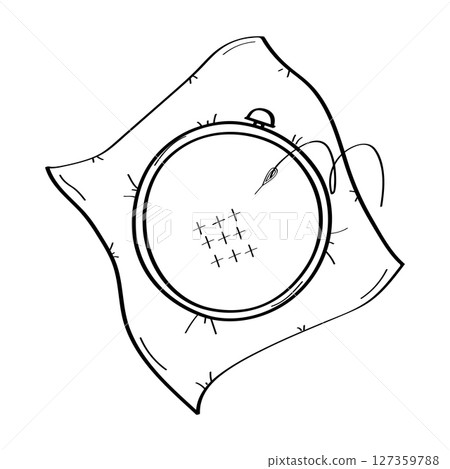 Cross-stitch embroidery hoop and canvas. Vector doodle illustration. Print for design. Isolate on a white background. 127359788