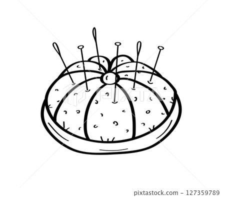 Needler doodle icon. A soft cushion with needles and pins for needlework. Vector illustration of an isolate on a white background. 127359789