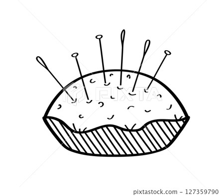 Needler doodle icon. A soft cushion with needles and pins for needlework. Vector illustration of an isolate on a white background. 127359790