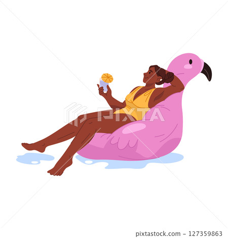 Woman at inflatable flamingo toy and drink. Vector swimming lady at pool or ocean, sea. Summer float or swim activity. Female with rubber floatie at waves. Summerday and relaxation,recreation and rest 127359863