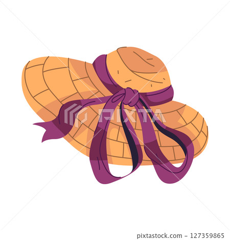 Woman straw hat with ribbon. Vector lady headwear with brim. Outdoor garden head cover or protection with bow and tie. Feminine accessory or headpiece. Girl fashion and female apparel, clothing. 127359865