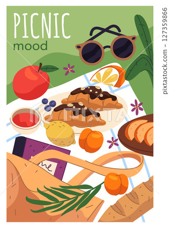 Picnic banner or summer holiday sign. Vector family or friends outdoor celebration cartoon clipart. Weekend leisure and nature park with blanket and food, fruit and croissant meal. Lunch and vacation. Picnic banner or summer holiday sign. Vector family or friends outdoor celebration cartoon clipart. Weekend leisure and nature park with blanket and food, fruit and croissant meal. Lunch and vacation. 127359866