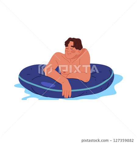 Vector man floating with swimming ring at pool. Summer character relax at water, float at sea or ocean. Male aquatic sunbathing, swim activity. Holiday and vacation, beach recreation. Waterpark sign 127359882