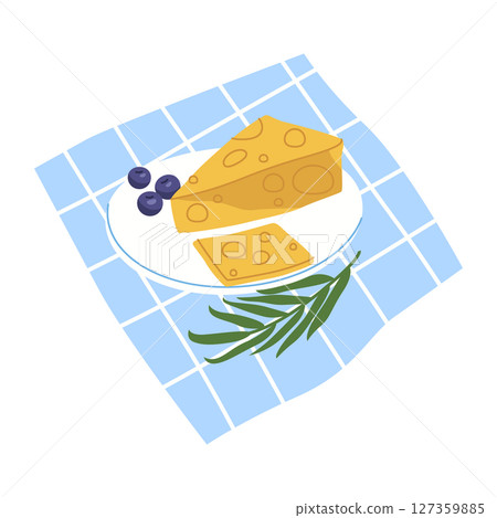 Cheese and blueberry breakfast on tablecloth. Vector icon of rustic morning meal or village brunch. Snack with dairy and fruit. Organic and natural nutrition sign. Handmade product for eating. Cooking Cheese and blueberry breakfast on tablecloth. Vector icon of rustic morning meal or village brunch. Snack with dairy and fruit. Organic and natural nutrition sign. Handmade product for eating. Cooking 127359885