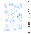 Set of hand-drawn vector line art depicting ancient Greek and Roman sculptures, columns, and ornamental details in blue outline.  127359948