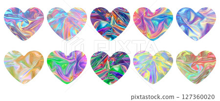 hearts made of holographic rainbow foil, iridescent texture, abstract holographic paper background 127360020