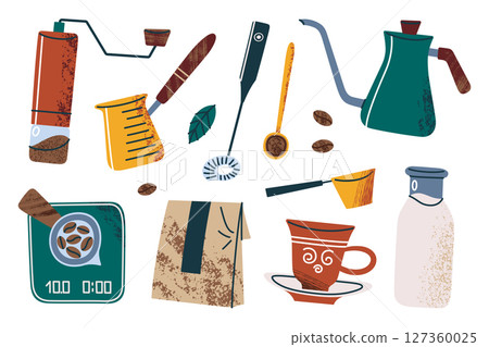 Cartoon set of coffee brewing accessories for making Turkish coffee. Vector illustrations of cezve, grinder, coffee cup, gooseneck kettle. Flat barista tools for cafe, home, packaging icons 127360025