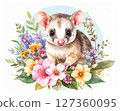 Cute watercolor animal series: Flying squirrel surrounded by flowers 127360095
