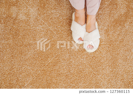 soft white slippers on the beige Interior pile carpet. 127360115
