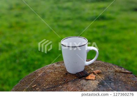 A Serene Scene Featuring a Rustic White Coffee Mug on a Wooden Log Surrounded by Lush Green Grass in a Natural Outdoor Environment A Serene Scene Featuring a Rustic White Coffee Mug on a Wooden Log Surrounded by Lush Green Grass in a Natural Outdoor Environment 127360276